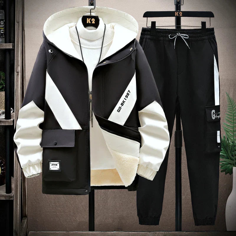 Winter Tracksuit Men Warm Sports Printed Thick Suit Mens Casual Hooded jacket+Pants Sweatsuit Male 2 Piece Sportswear