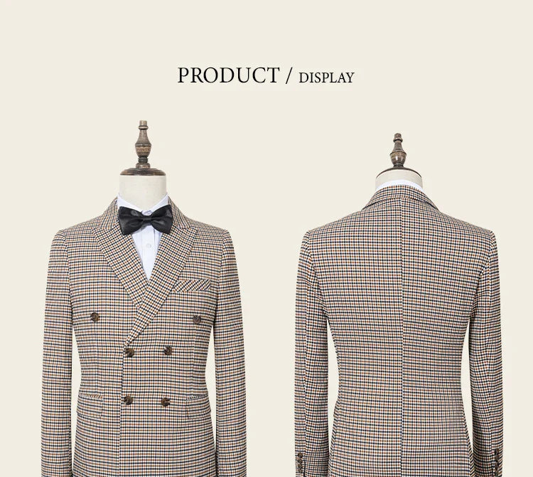 Fashionable Plaid suit High-end Brand Business Slim Fit Casual Party Dress Male Groom Wedding Blazers Double Breasted