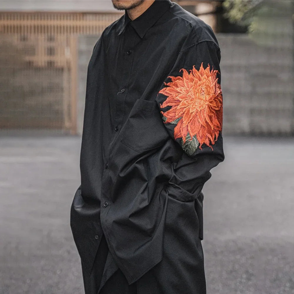 Red Flower Shirt Men Japanese Elongated Dark Embroidered Floral Top