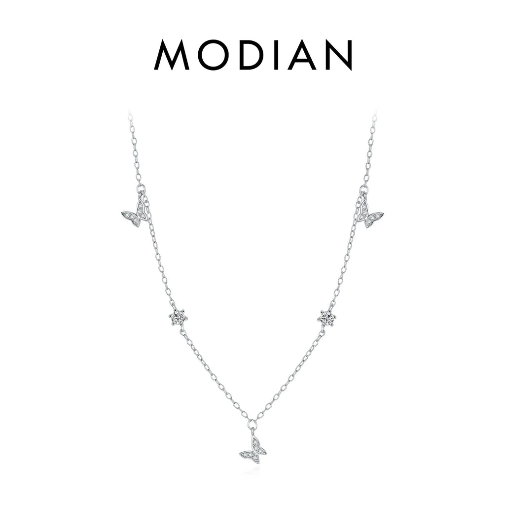 Flying Butterfly CZ Necklace 925 Sterling Silver Simple Link Chain Charms White Gold Plated Necklaces For Women Jewelry