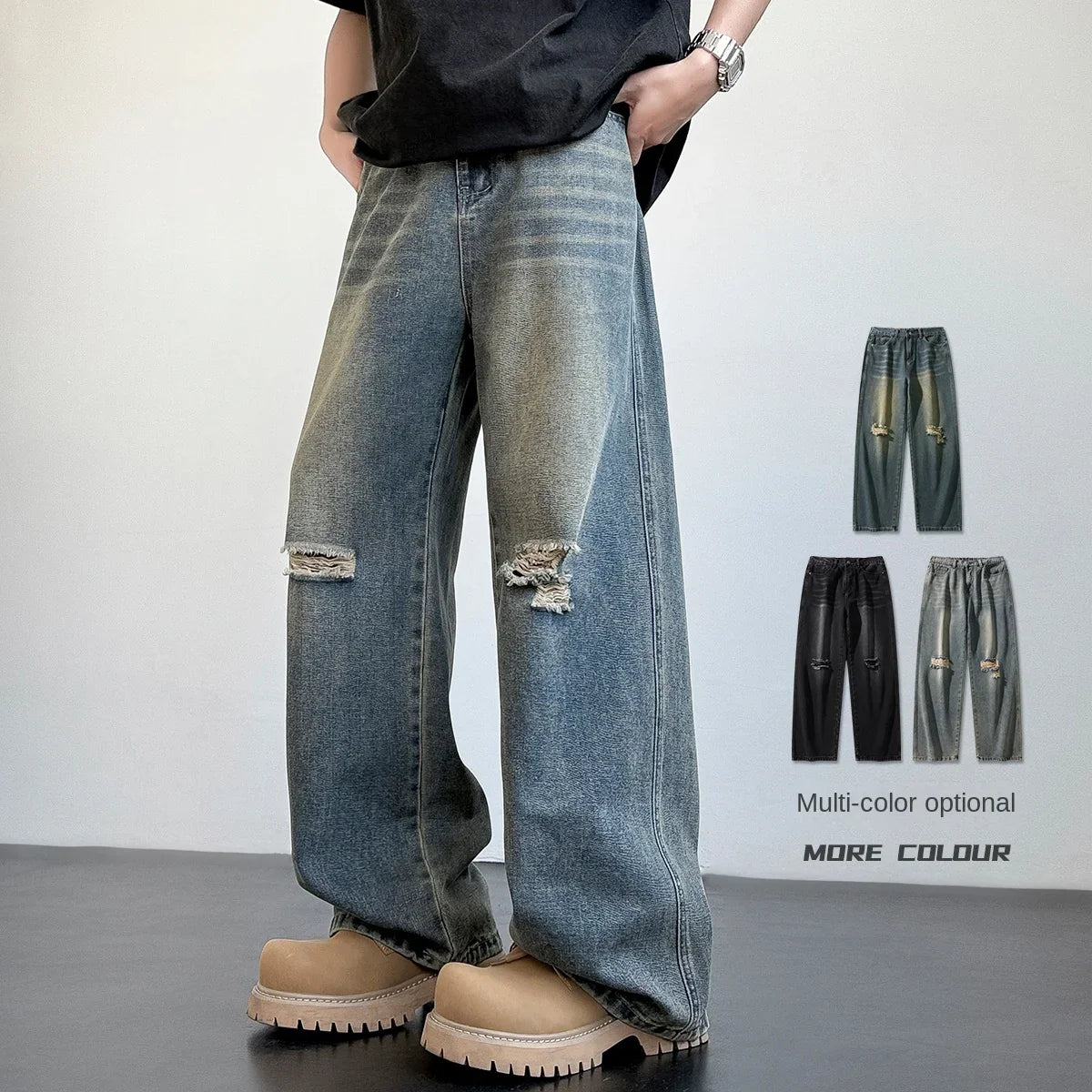 Men's American Style Loose Straight Leg Jeans Vintage Spring Summer New Arrival Drapey Trendy Wide Leg Long Pants