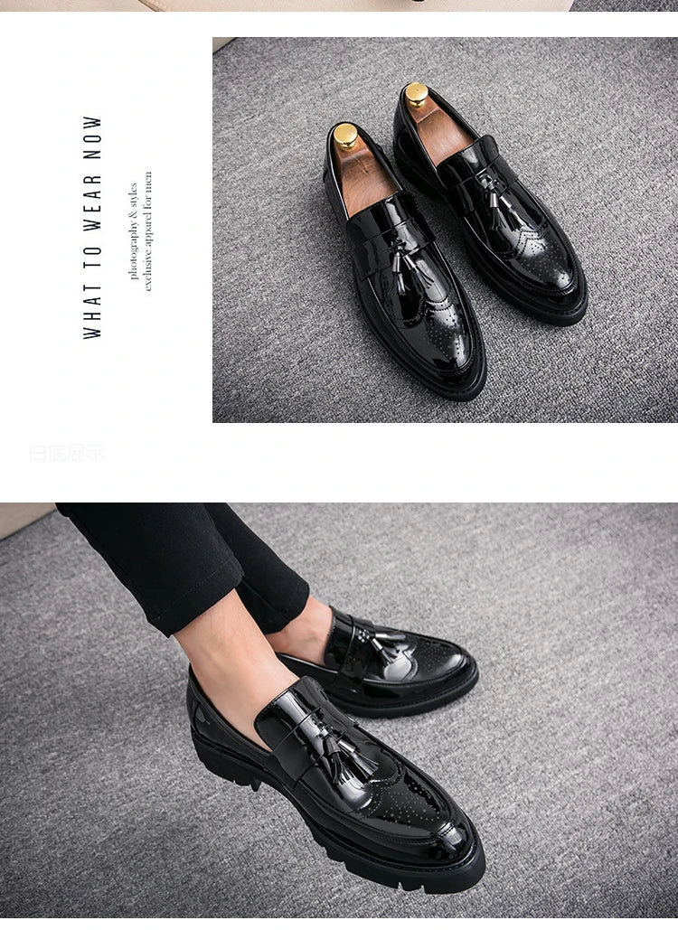 Fashion Golden Men's Casual Slip-On Tassel Patent Loafers Thick Bottom Elevator Shoes Men's Party Shoes Business Shoes Brogue