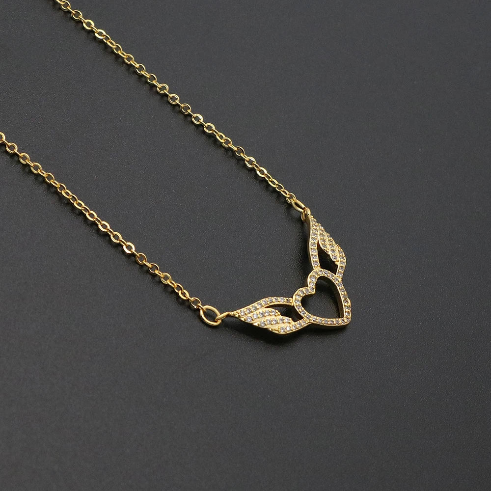 Delicate Women 24K Gold Plated Zircon Angel Wing Chain Pendant Necklace