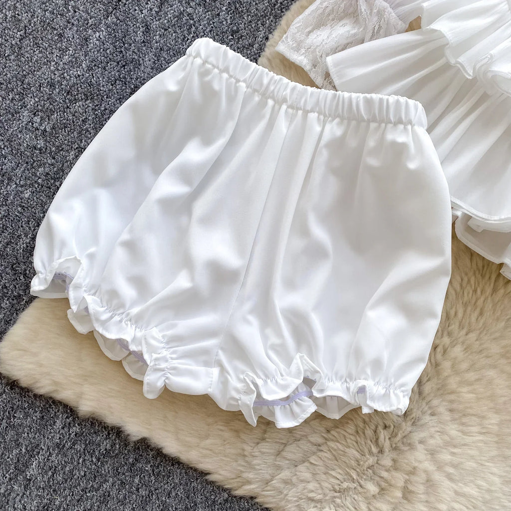 Fairycore Lace Chiffon Dresses With Stretch Shorts Pearl Button Bow Female Ruffles Sheer Seaside Holiday Mini Dress