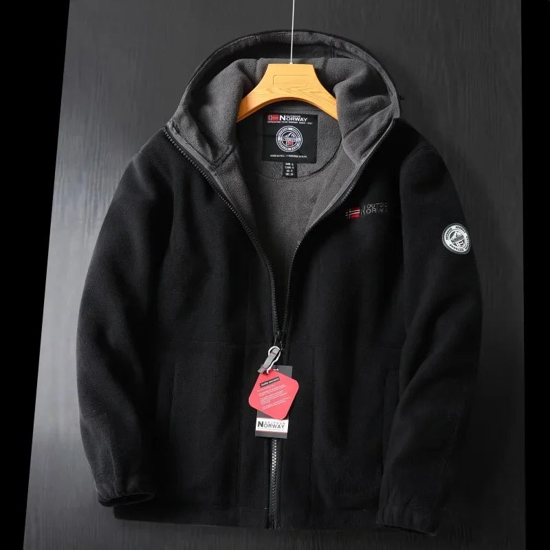 Thickened Double Layer Fleece Winter Jacket for Men with Hood Warm And Anti-Hail Norwegian Style Casual Loose Fit Jacket
