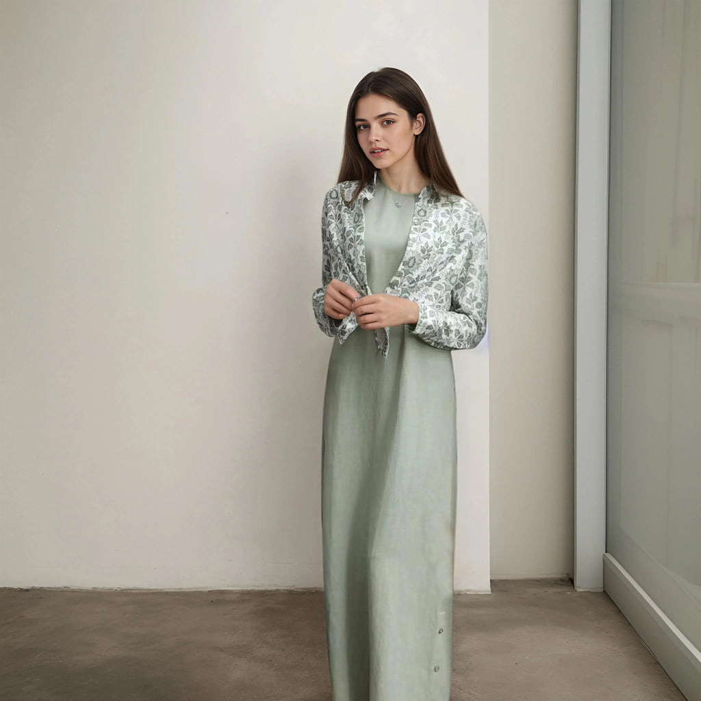 Autumn Winter Casual Women Cotton Linen Shirt Fashion Print Long Dress Set with Pocket Blouse Elegant Lady Street 2 Piece Set