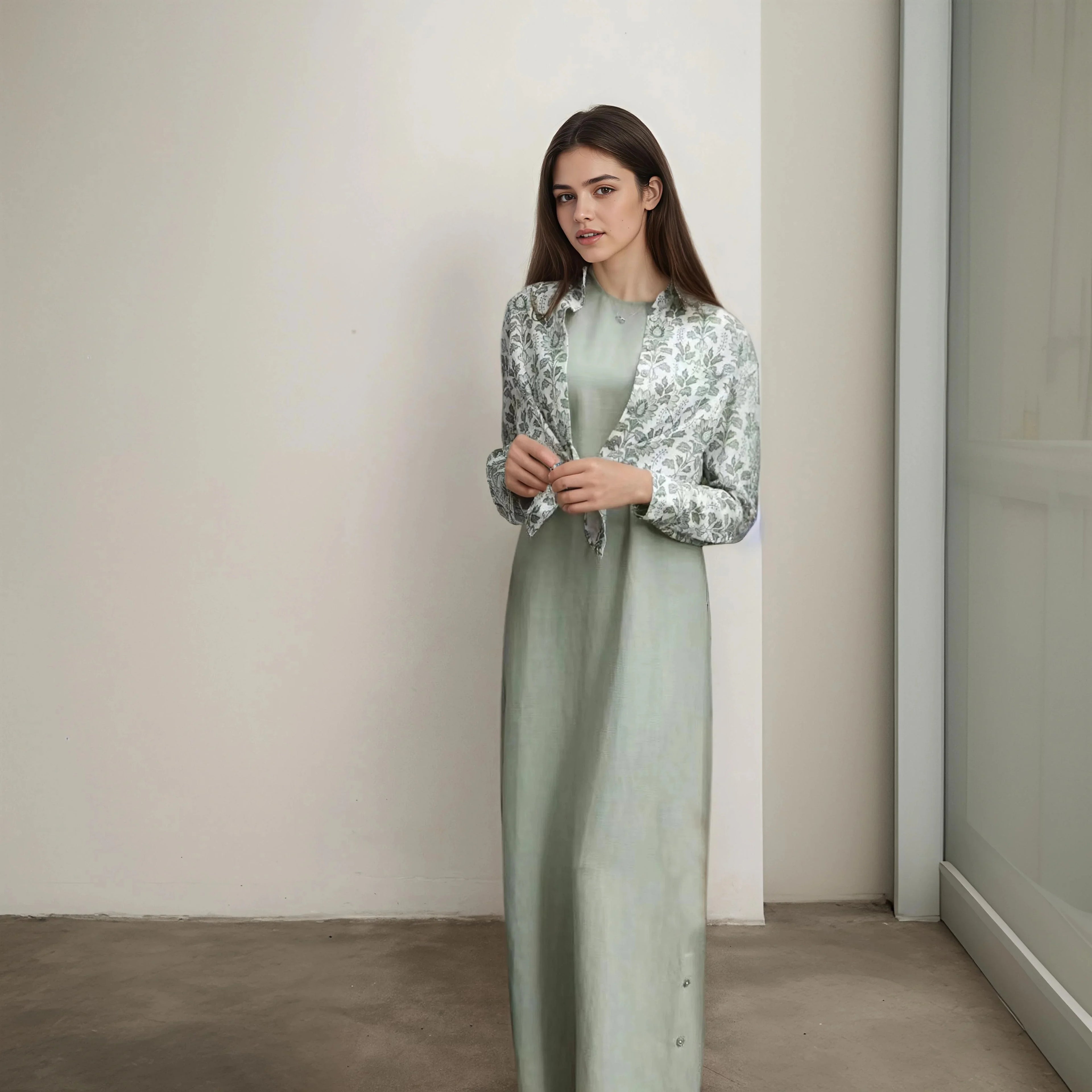 Autumn Winter Casual Women Cotton Linen Shirt Fashion Print Long Dress Set with Pocket Blouse Elegant Lady Street 2 Piece Set