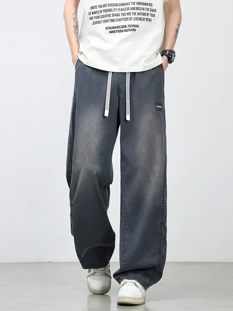 Summer Lyocell Men's Jeans Soft Elastic Washed Casual Pants Loose Lightweight Embroidery Wide Leg Straight Denim Trousers