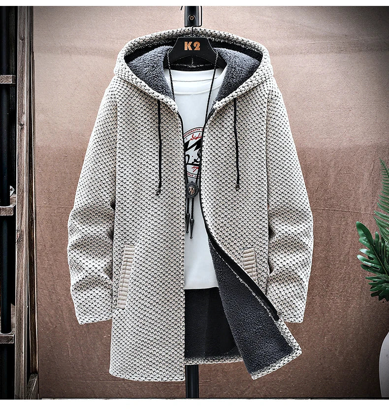 Men's Cardigan Cashmere Long Coat Sweaters with Hoods Autumn Winter New Fleece Warm Solid SweaterCoat Windbreaker Men Clothing