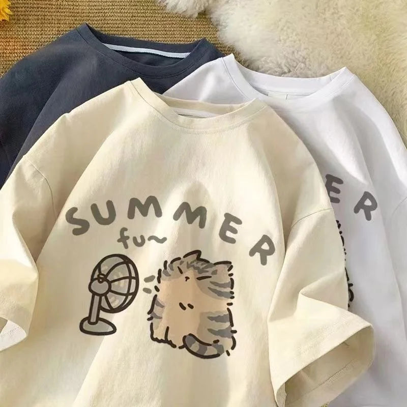 تيشيرت صيفي مطبوع بتصميم كوري قديم بسيط، مقاس فضفاض غير رسمي، خفيف وقصير الأكمام للزوجين
