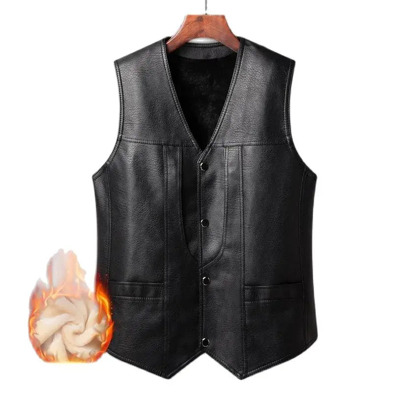 2024 Winter Men Thick Warm Fleece Leather Vest Coat  Male V-Neck Single Breasted Vest Casual Male Clothing Outerwear