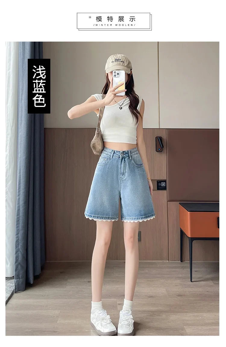 2026 Summer Women's High Waist Denim Shorts, Light Blue Lace Trim. Loose Fit, Slimming & Hide Leg Flaws
