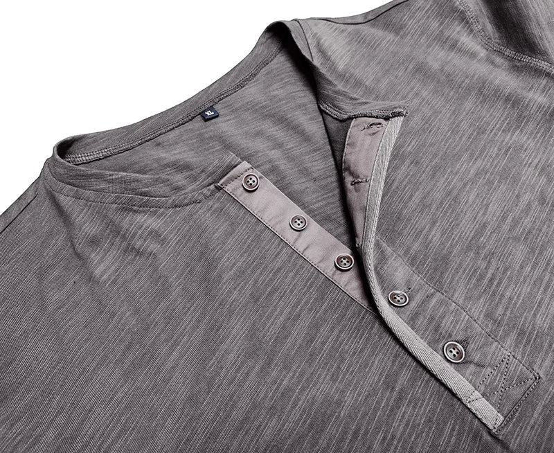 New Autumn Long Sleeve T-Shirt Mens Casual Solid Color Top Henley Neck Slim Versatile Work T-shirt Breathable Outdoor Thin Tee