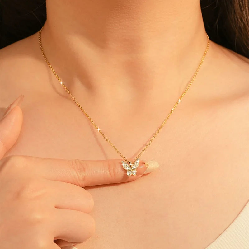 Sparkling 1.5mm Moissanite Necklace 14K Gold Butterfly Pendant Necklaces for Women Valentine's Day Jewelry Gift