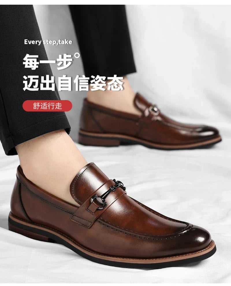 Mens Brown Burnished Genuine Leather Horsebit Loafers Slip On Formal Business Office Wedding Groom Daily Wear Shoes Simple New