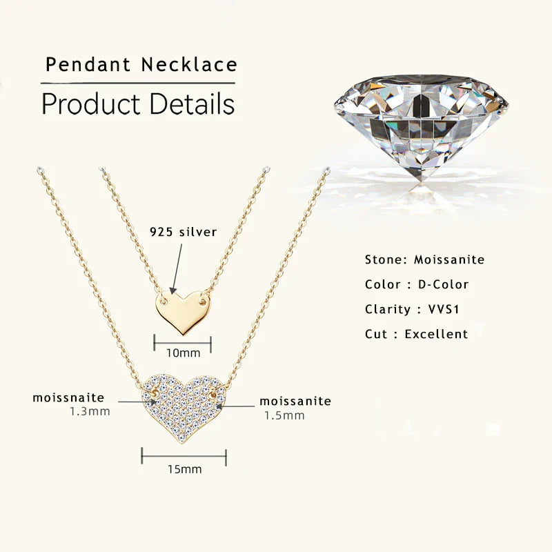 Collar Plata 925 Sterling Silver Heart Pendant Necklace 1.5mm&1.3mm Moissanite Necklaces For Women Double Chain Jewellry