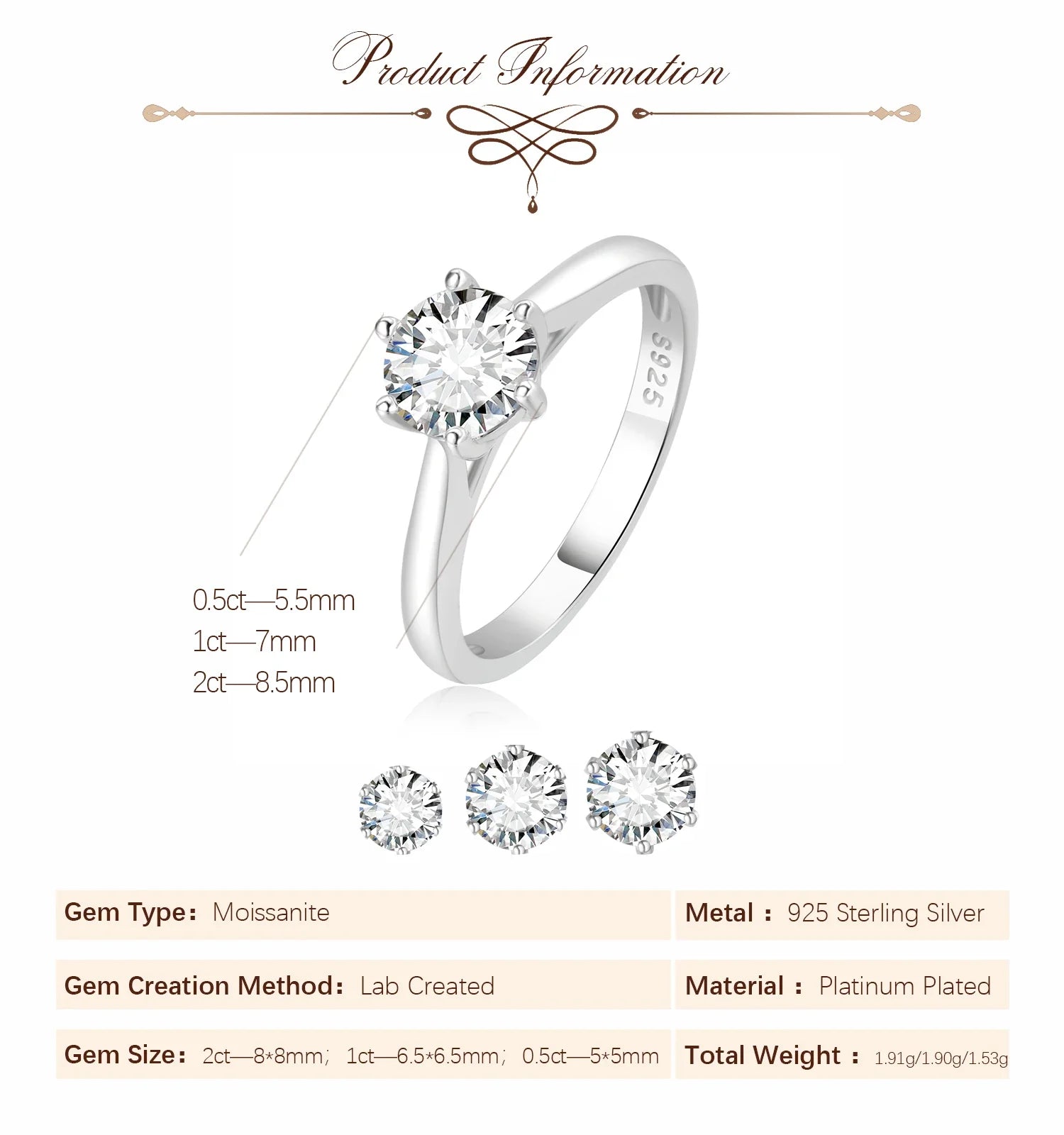 Moissanite D Color 0.5ct 1ct 2ct Round Cut S925 Sterling Silver Solitaire Wedding Engagement Ring for Women