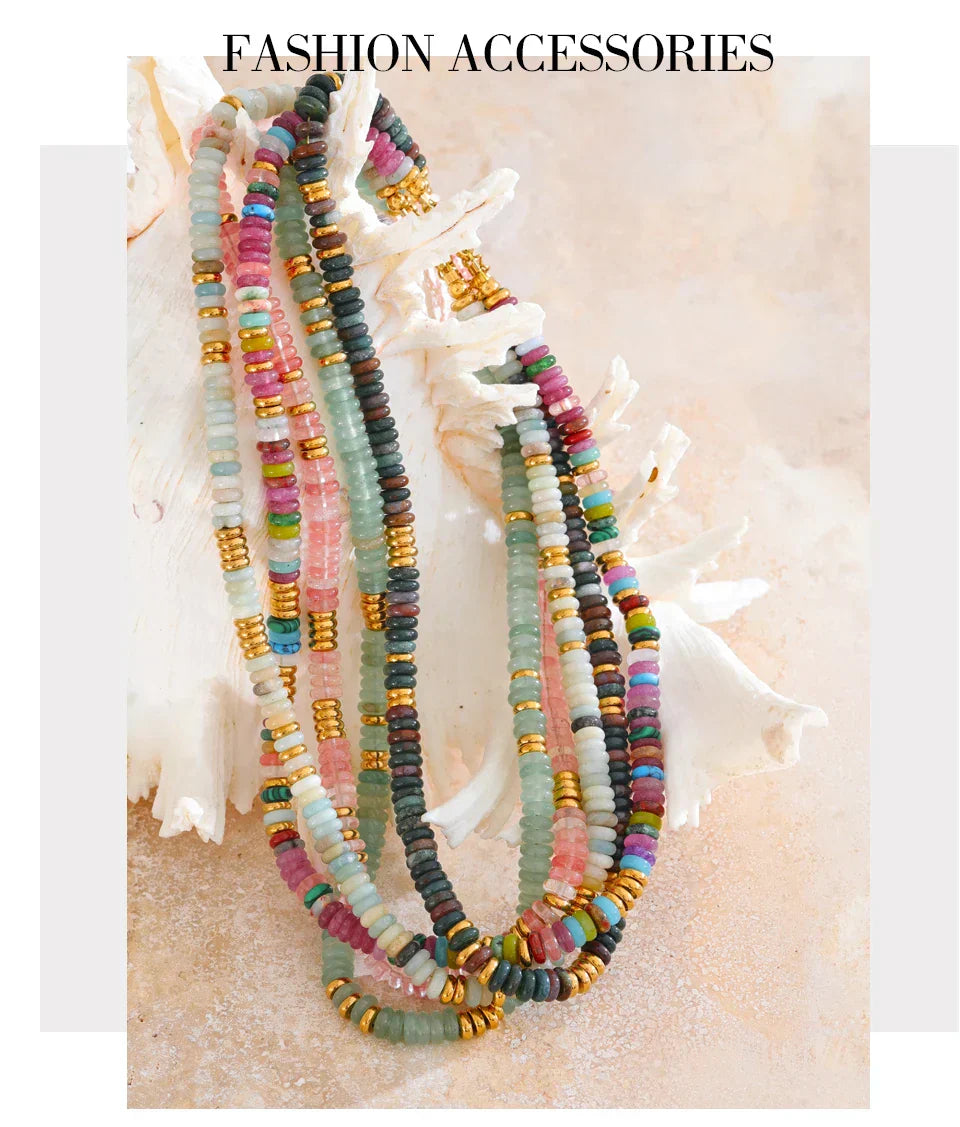Colorful Natural Stone Beads Handmade Chain Y2K Fashion Necklace for Women Stainless Steel Waterproof Collar Jewelry Gift