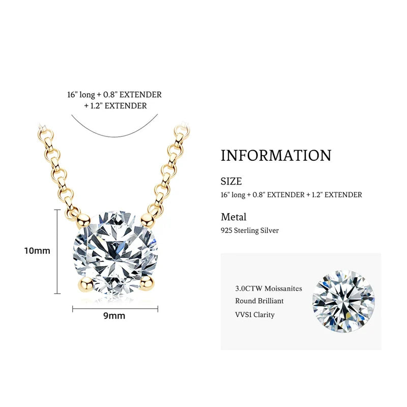 1CT 2CT 3CT Certified Moissanite Pendant Necklace For Women S925 Sterling Silver Solitaire Drop Necklaces Jewelry Gift