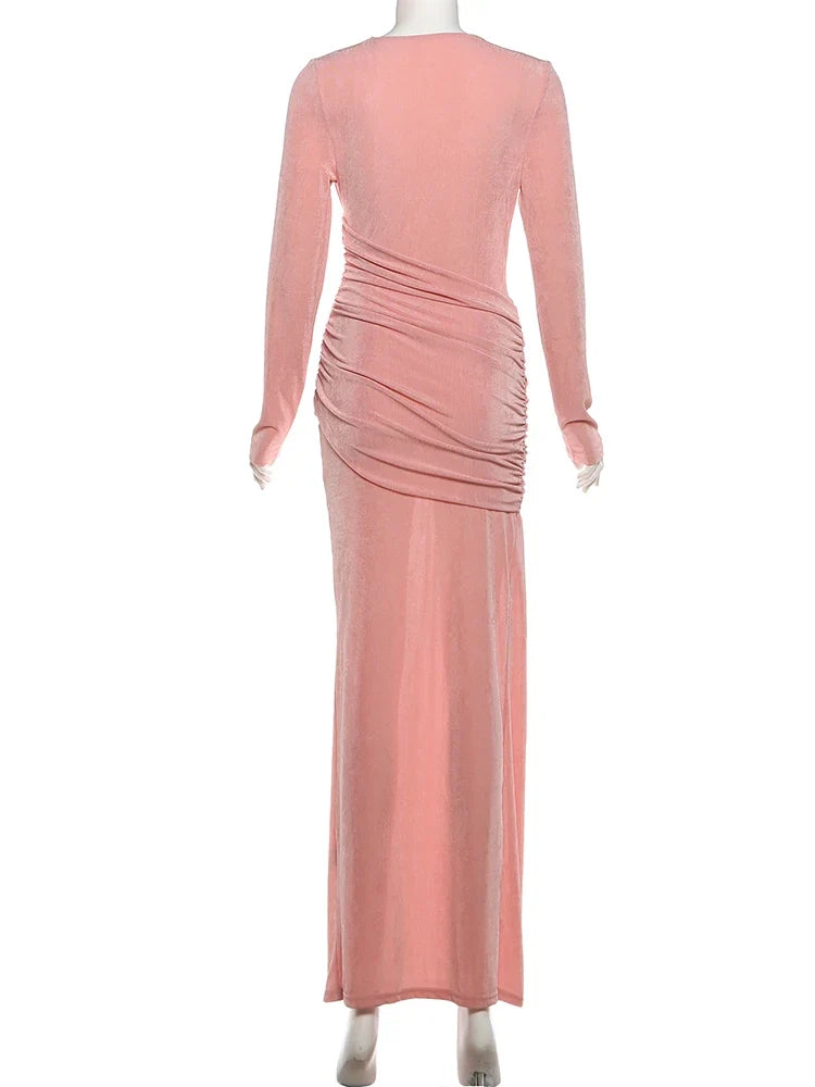 Nibber Folds Maxi Dress Women o-Neck Full Sleeve Solid Banquet Elegant Vacation Fashion Autumn Skinny Casual Simple Vestidos