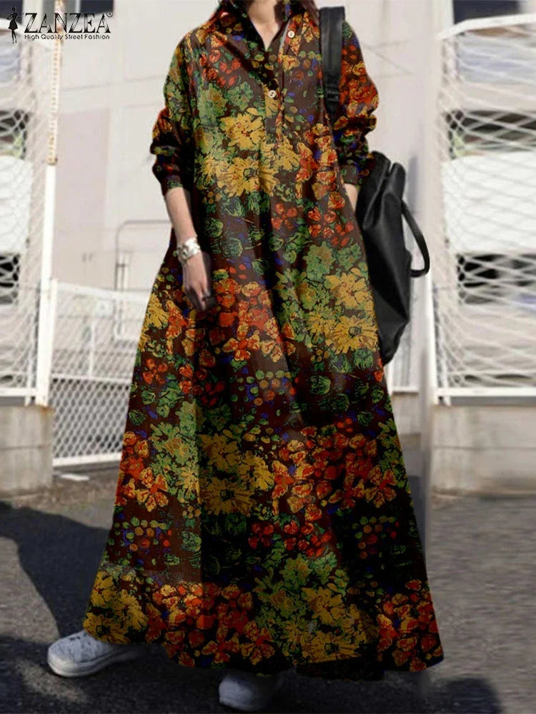 Printed Long Sleeve Cotton Maxi Dress Women Spring 2025