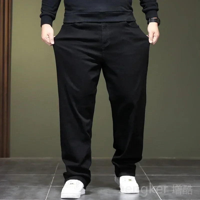 High elasticity spring autumn big size black jeans straight jeans men plus large size youth elastic long trousers 44 46 48