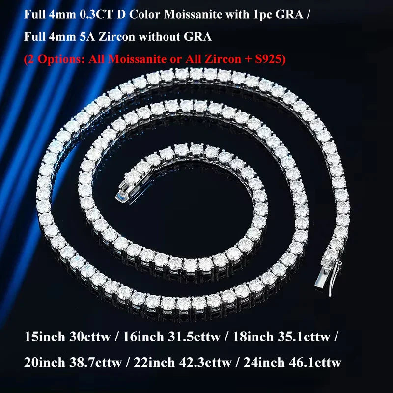 Real 2-5mm Full D Color Moissanite Tennis Neck Chain Necklace for Woman Man 925 Silver GRA Certified Party Bridal Necklaces