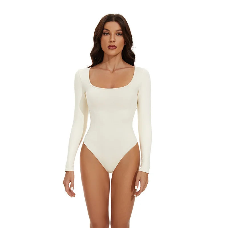 GUUDIA Spandex Elastic Body Suit Shapewear Women Body Shaper Tummy Control Long Sleeve Open Crotch Big U Neck Seamless Shapers