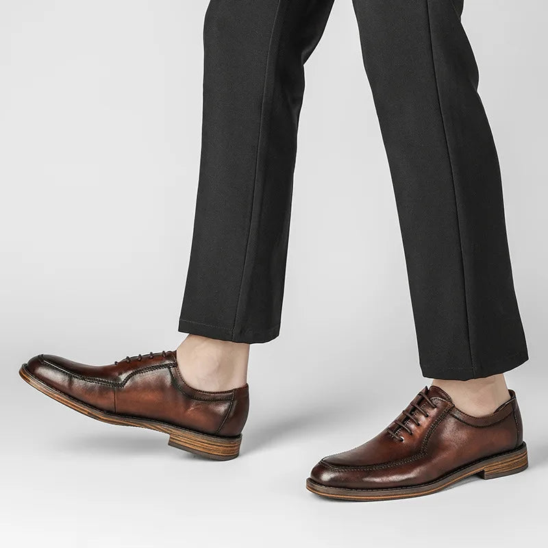Hot Genuine Leather Shoes Men Wedding Office Dress Shoes Brown Patina Handmade Lace-Up Shoes Business Oxford Footwear