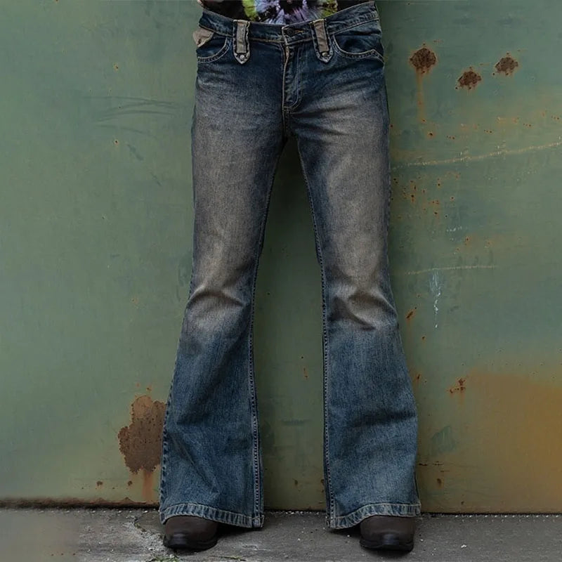 Vintage Men's Solid Straight Jeans Men High Street Button Denim Flare Pants