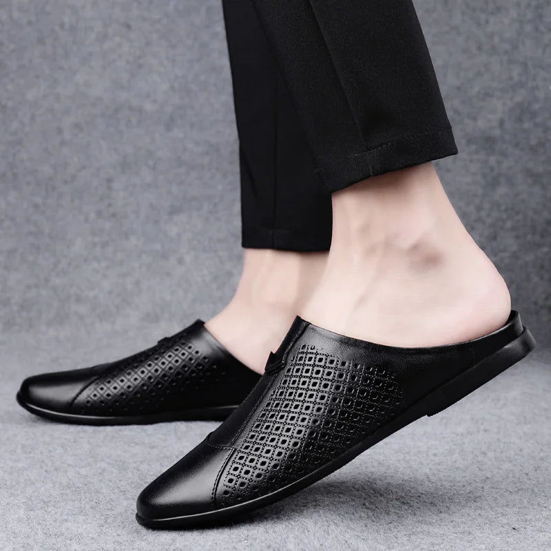 Summer Men Shoes Casual Brand Mens Penny Loafers Genuine Leather Luxury Half Slipper For Men Breathable Lazy Driving Shoes Man