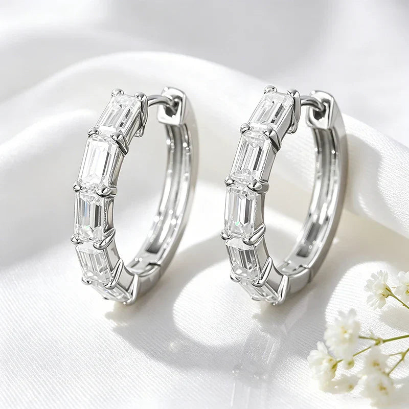 3*5mm Pass Diamond Test Moissanite Hoop Earrings D Vvs1 Emerald Cut Dainty Ear Jewelry for Women S925 Sterling Silver