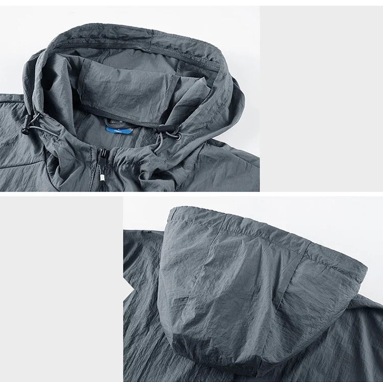 Men's Hooded Sun Protection Jacket Lightweight Outdoor Windbreaker Quick Dry Breathable UV Coat for Hiking Running Travel Beach