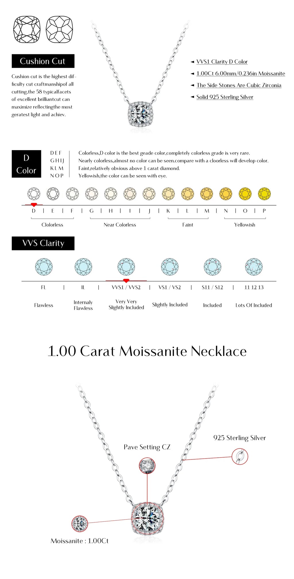 1 Carat Square Cushion Cut Halo Moissanite Pendant Necklace For Women 925 Sterling Silver Dazzling Wedding Bridal Jewelry