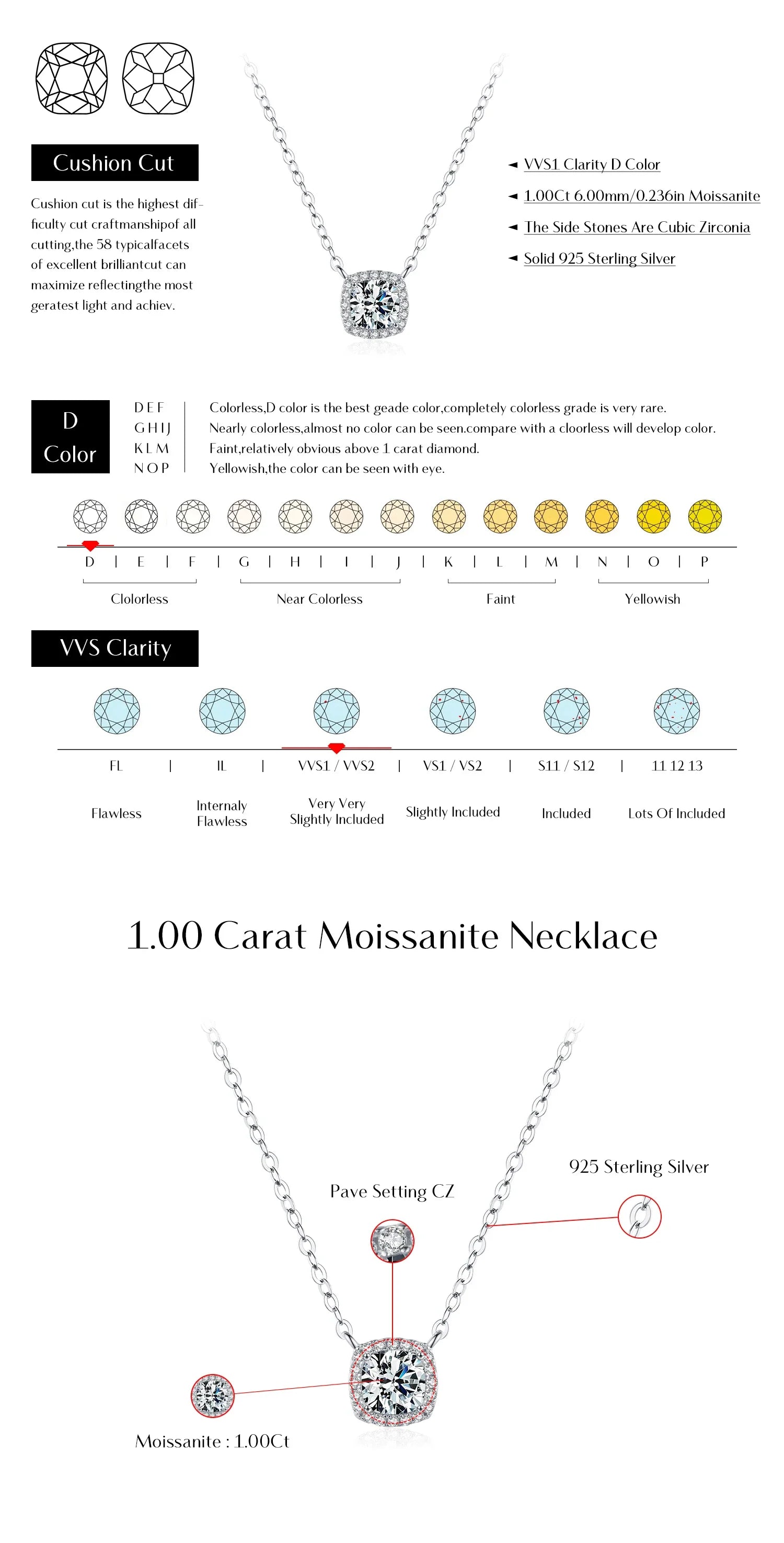 1 Carat Square Cushion Cut Halo Moissanite Pendant Necklace For Women 925 Sterling Silver Dazzling Wedding Bridal Jewelry