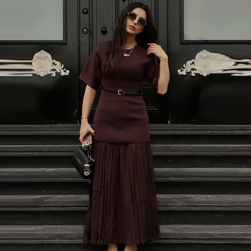 Womens Dresses Brown Pleated Dress Summer 2025 Elegant Knitted Short Sleeve Vestidos Chic Patchwork O-Neck Vacation Dresses