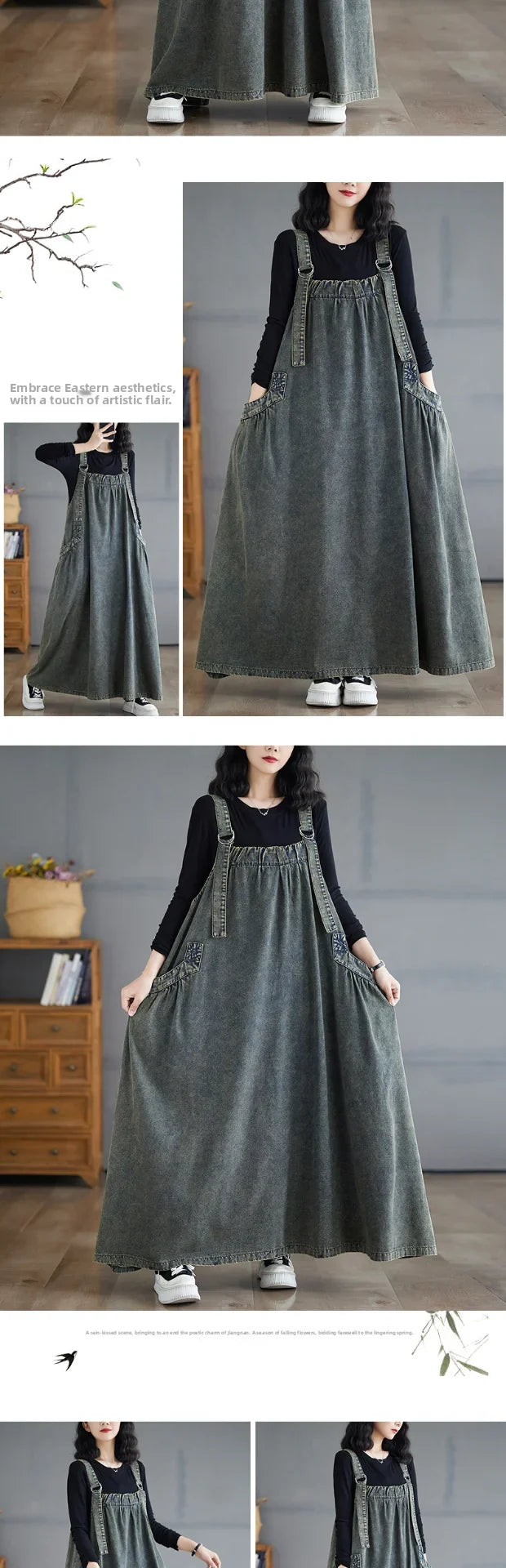 Retro Crtsmanip Loose Fit Slimming Denim Overalls Long Skirt Dr Spring Summer Autumn Winter A-Line Straight Cut Gown
