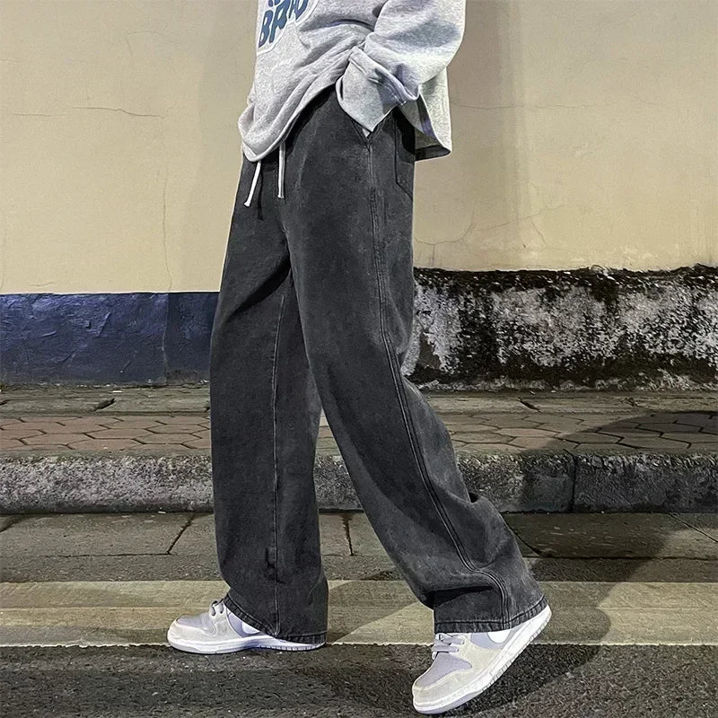 2025 New Korean Men's Casual Long Jeans Classic Man Straight Denim Wide-leg Pants Solid Color Light Blue Grey Black