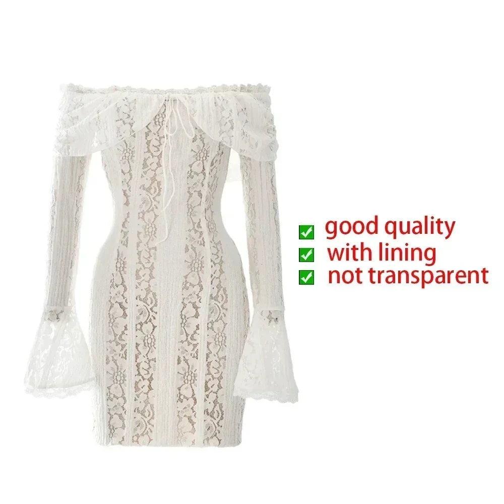 Lace Slim Mini Dress for Women Off The Shoulder Sexy Long Sleeves Club Party Dresses Bodycon Elegant Autumn Dress
