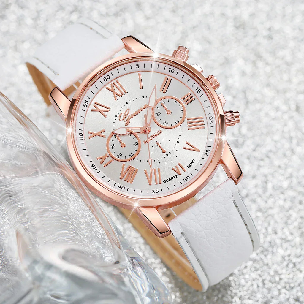 3/5PCS Women's Watch Fashion Roma Dial Leather Band Quartz Watches Pearls Jewelry Set(Without Box)