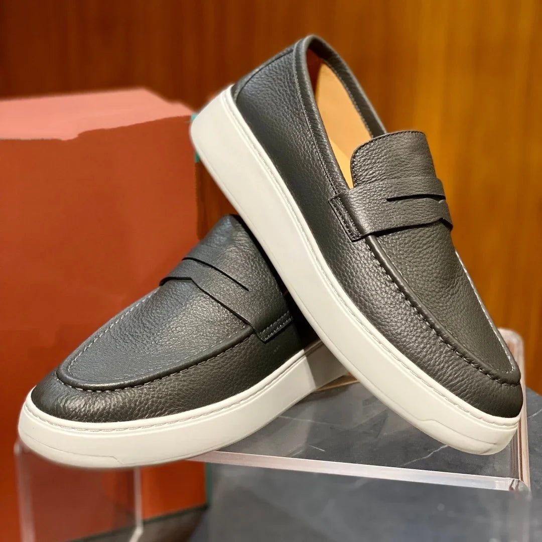 2026 New Men Genuine Grain Leather Penny Loafers Slip On Platform Non Slip Soft Sole Business Casual Driving Daily Walking Shoes