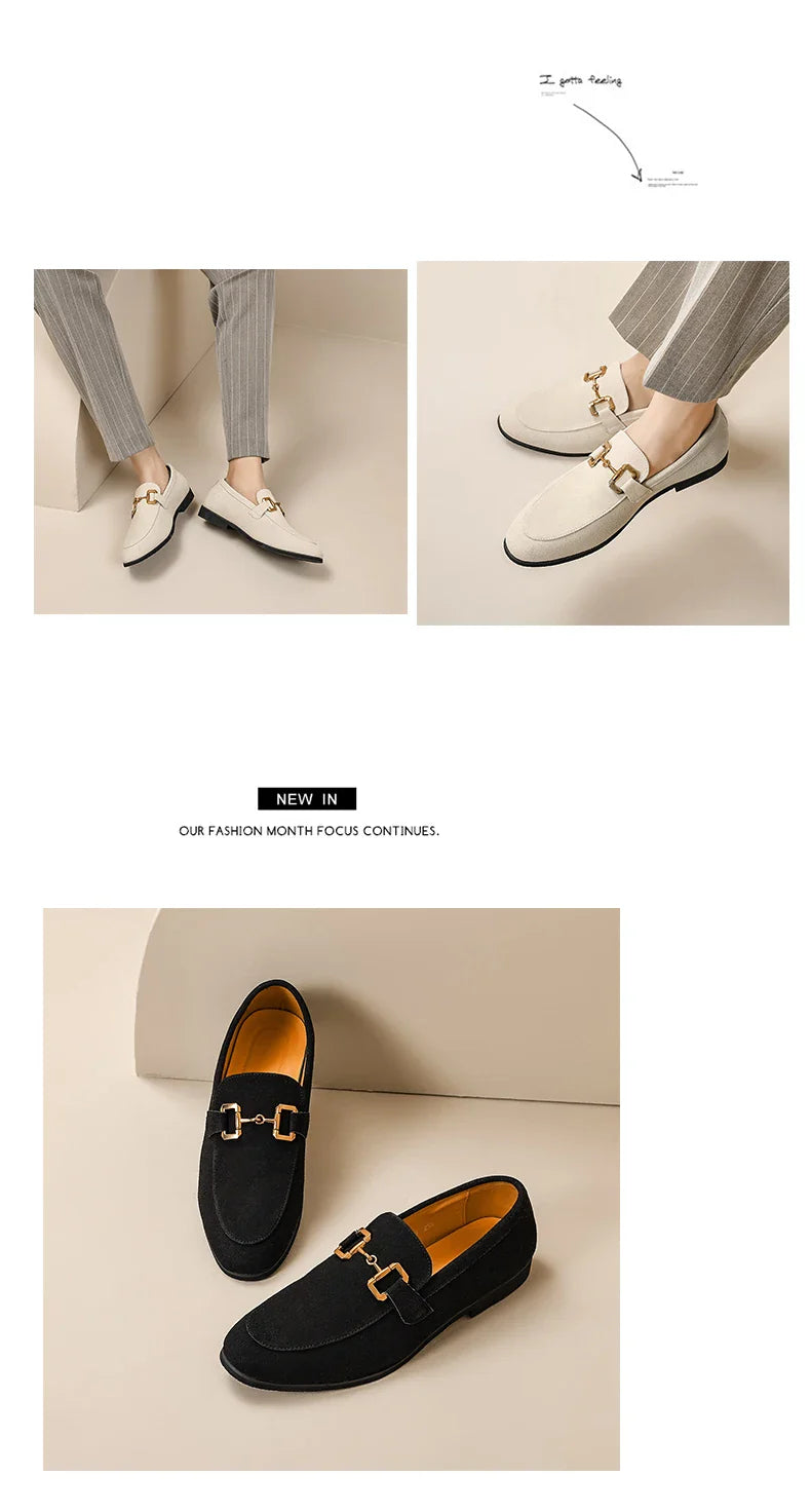 Fashion Brand Men Suede Leather Shoes Black Beige Horsebit Loafers Slip on Formal Mens Dress Shoes Wedding Office Casual Shoes
