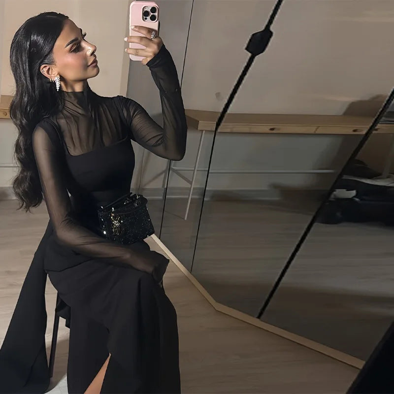 Stylish Lady Mesh See Long Sleeve Splicing Dress Elegant Evening Gown Women's 2026 New Luxury Boutique Club Party Dresses