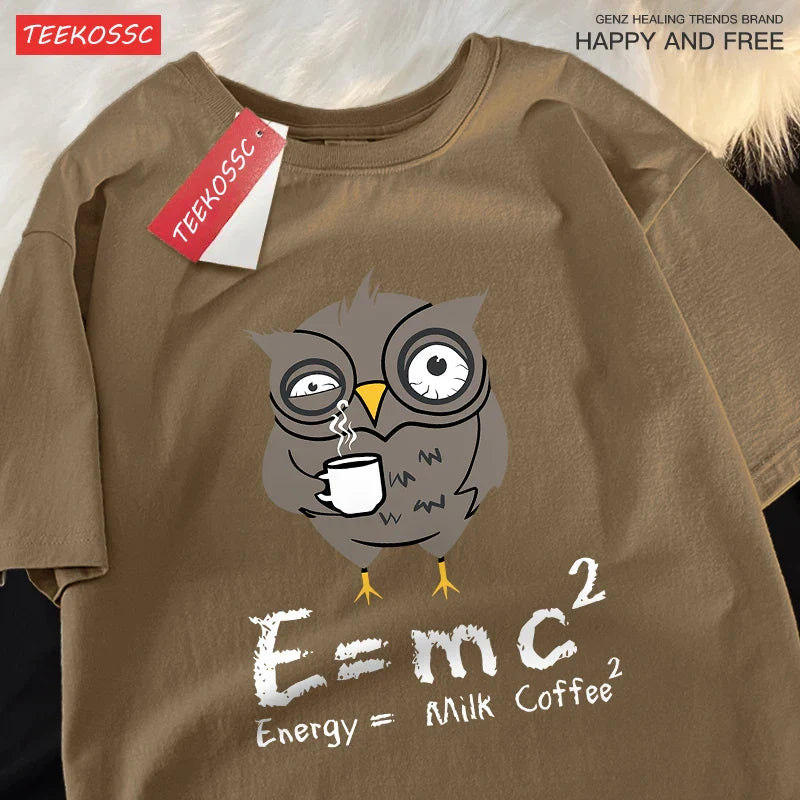 تي شيرت رجالي مطبوع عليه شعار "Energy Milk Coffee Fun Formula" من القطن بياقة مستديرة وتصميم فضفاض كبير الحجم مناسب للشارع ومناسب للزوجين