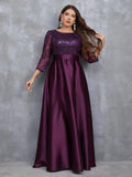 Crew neck long sleeve sequin patchwork satin long gown ball dress