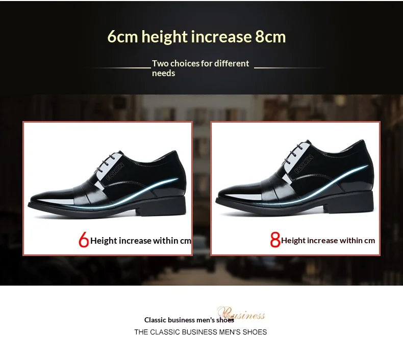 6cm/8cm Height Increasing Mens Formal Dress Shoes Cow Leather Elevator Shoes Business Office Oxfords Wedding Party Social Shoes