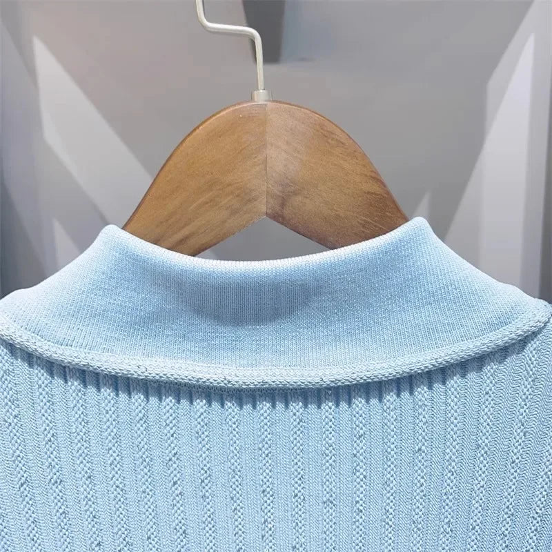2025 Spring/Summer New Polo Neck Short Sleeve Knitted Dress Y2K Fashion Commuter Elastic Slim Fit Multi Pocket Wrapped Hip Skirt