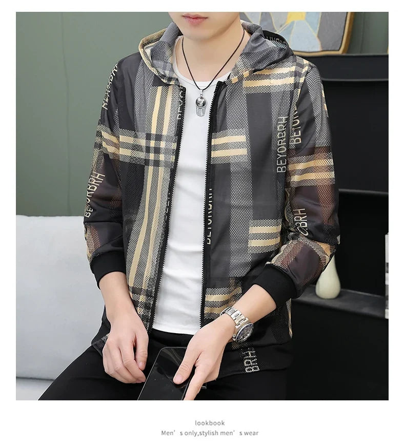 Men's Summer Mesh Sun Protection Clothing Trendy Stripe Print Ice Silk Cool Feeling Breathable Quick Dry Hooded Jacket