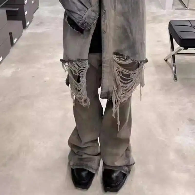 PFNW Wrinkled Design Vintage Male Jeans High Street Full Length Washed Wide Leg Pants Trendy Boot Cut Men's Trousers New 28W4545