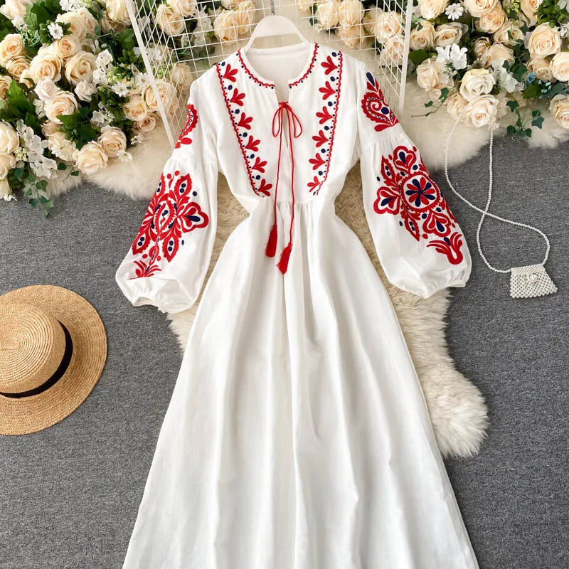Embroidered Flower Long Sve Loose Fit Lantern Sve Gathered Slimming A-Line Dr Women's round Ne Dr
